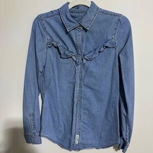 Pull& bear Western Shirt Blue denim Snaps Ruffle Yolk Chambray Denim